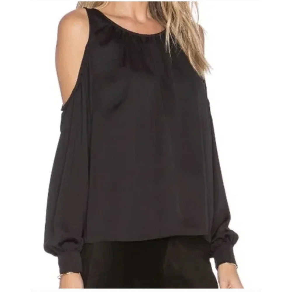 L'Academie Black Cold Shoulder Satin Long Sleeve Top Size XS